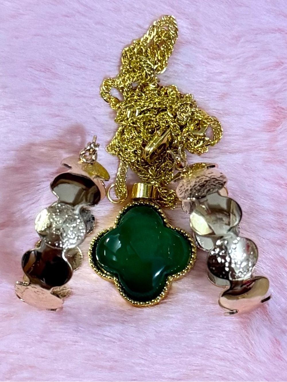 Natural Green Agate Jade Four Leaf Clover Pendant, 18K Gold Filled Hoop Earrings